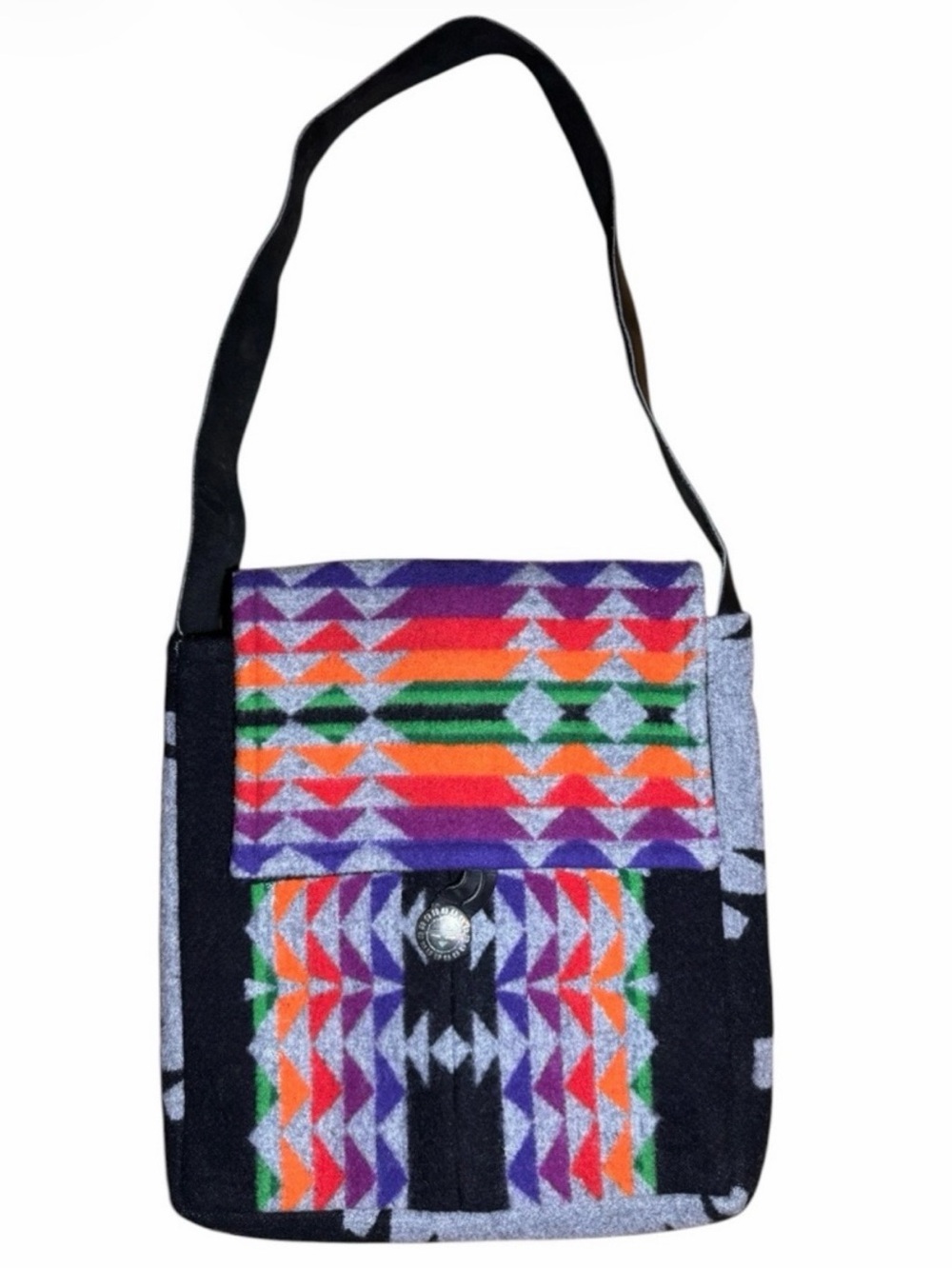 Vintage Margaz Jacquard Wool Bag w Leather Strap & Loop + Zuni Sun Face Button